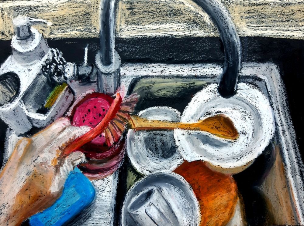 Dishes, 2021, oil pastel, 21×30 cm
