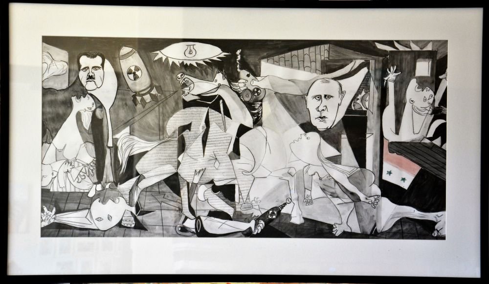 Guernica-now and then, 2016, watercolor graphite, charcoal and gouache, 48×97 cm